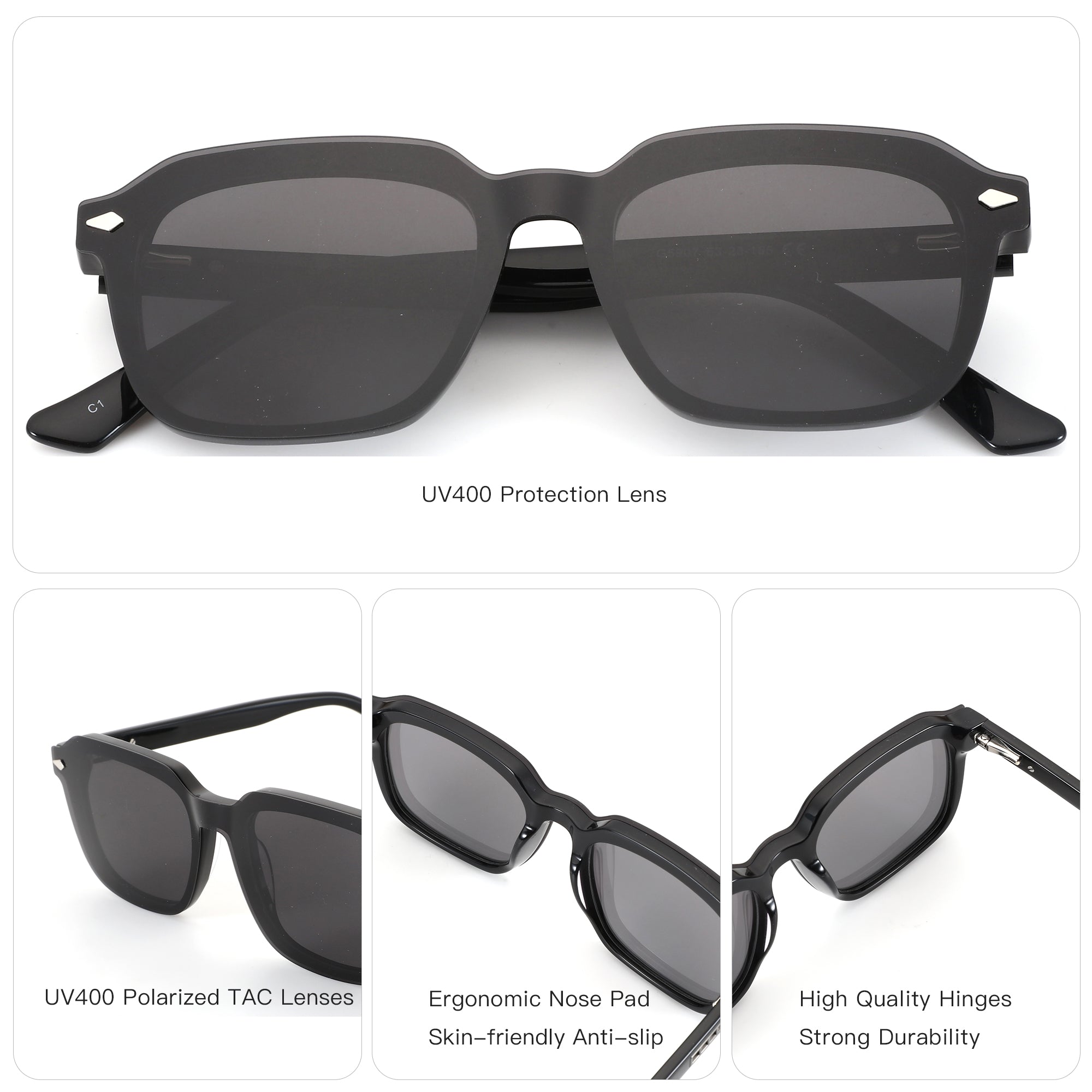 ZENOTTIC Haley black geometric sunglasses with UV400 polarized TAC lenses.