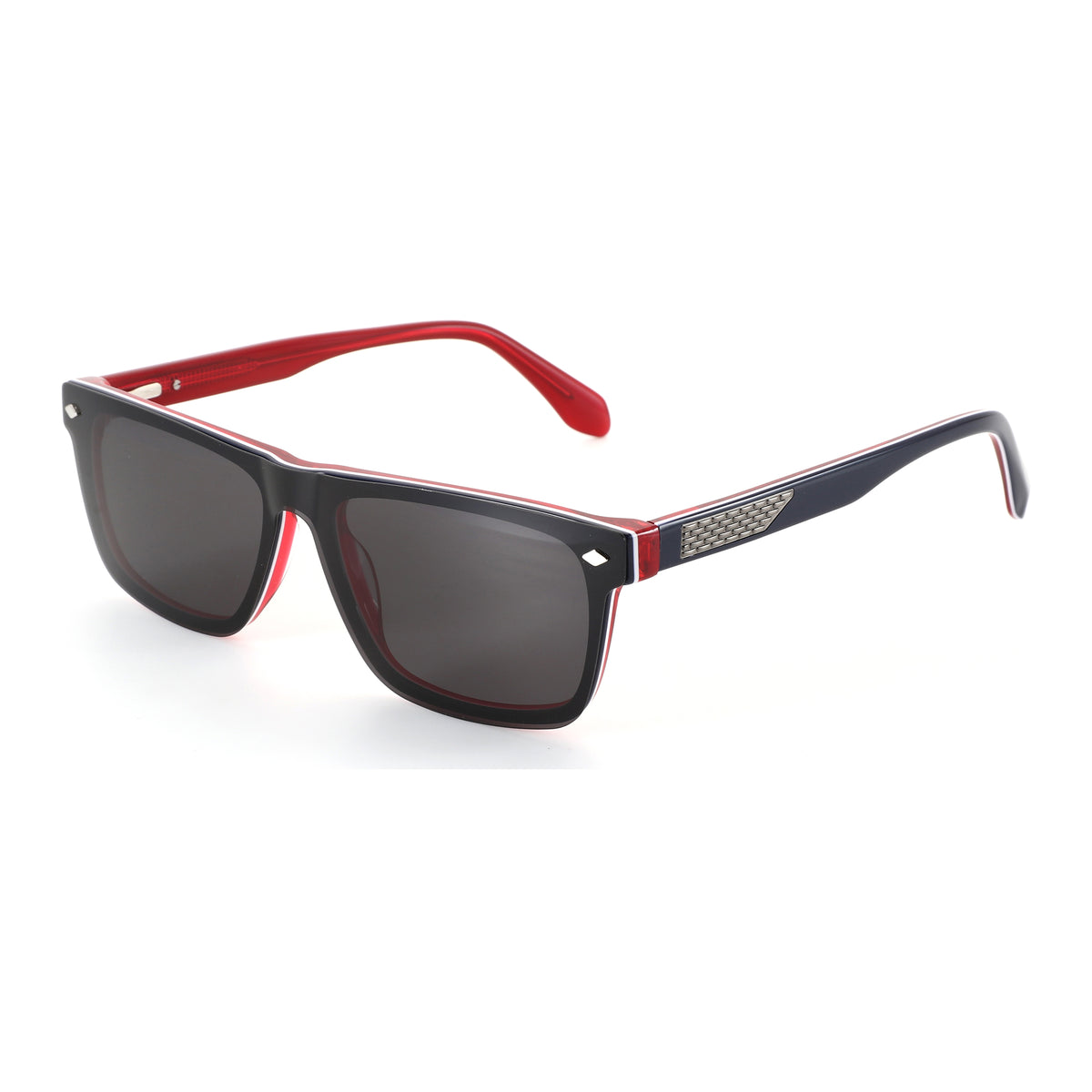 Zenottic Gilbert square prescription sunglasses with black acetate frame, red & blue accents.
