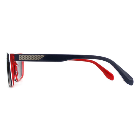 Zenottic Gilbert square men's sunglasses, blue acetate frame with red accents and metal detail.