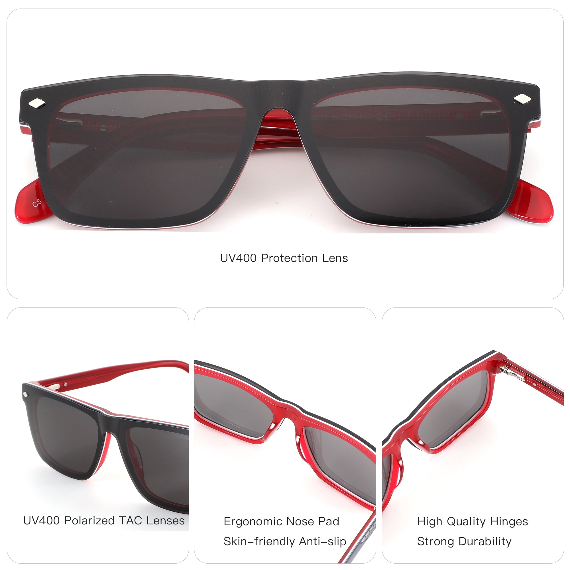 Zenottic Gilbert square sunglasses in black acetate with red trim. UV400 polarized lenses.