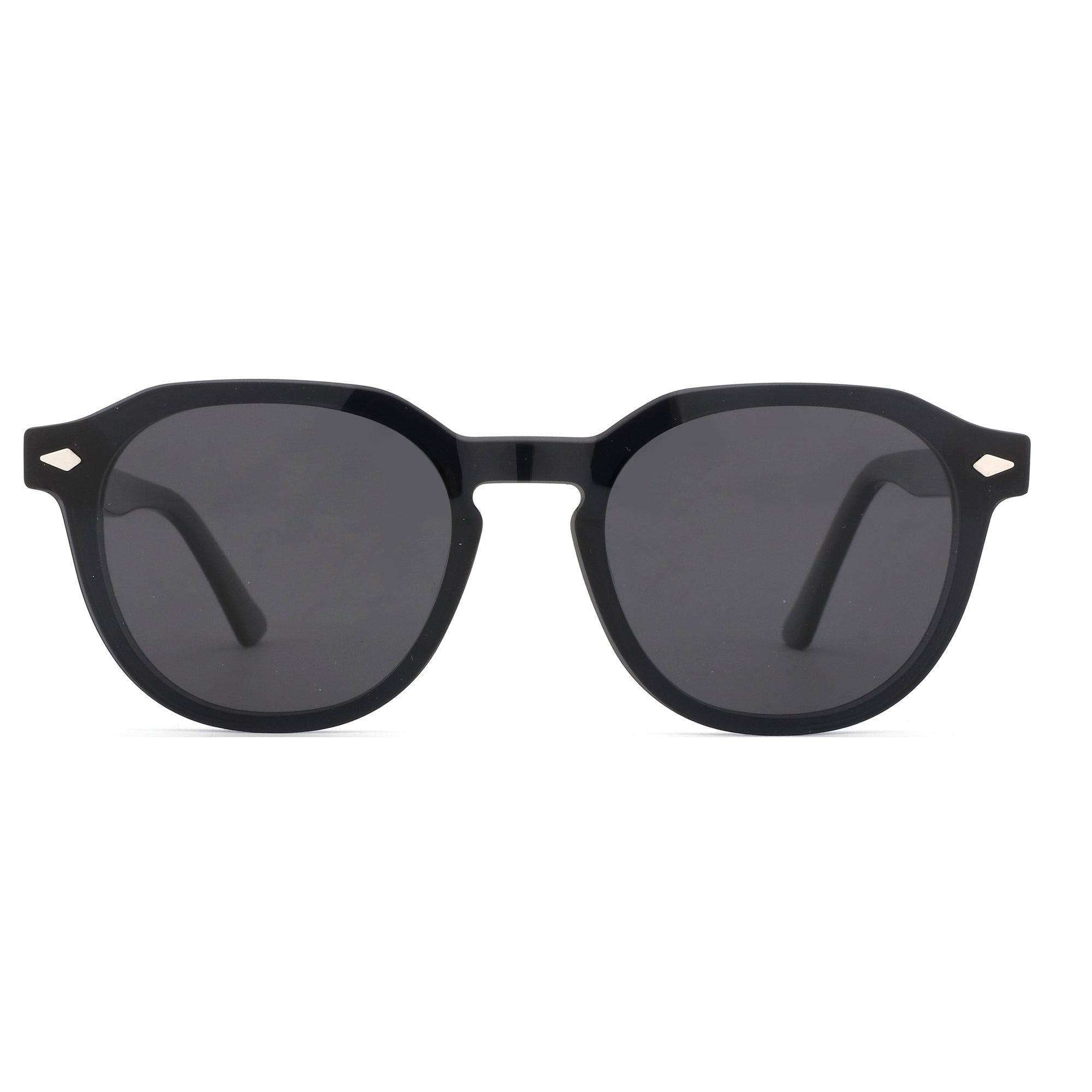 Zenottic black acetate geometric sunglasses, round UV-protected lenses, diamond accents.