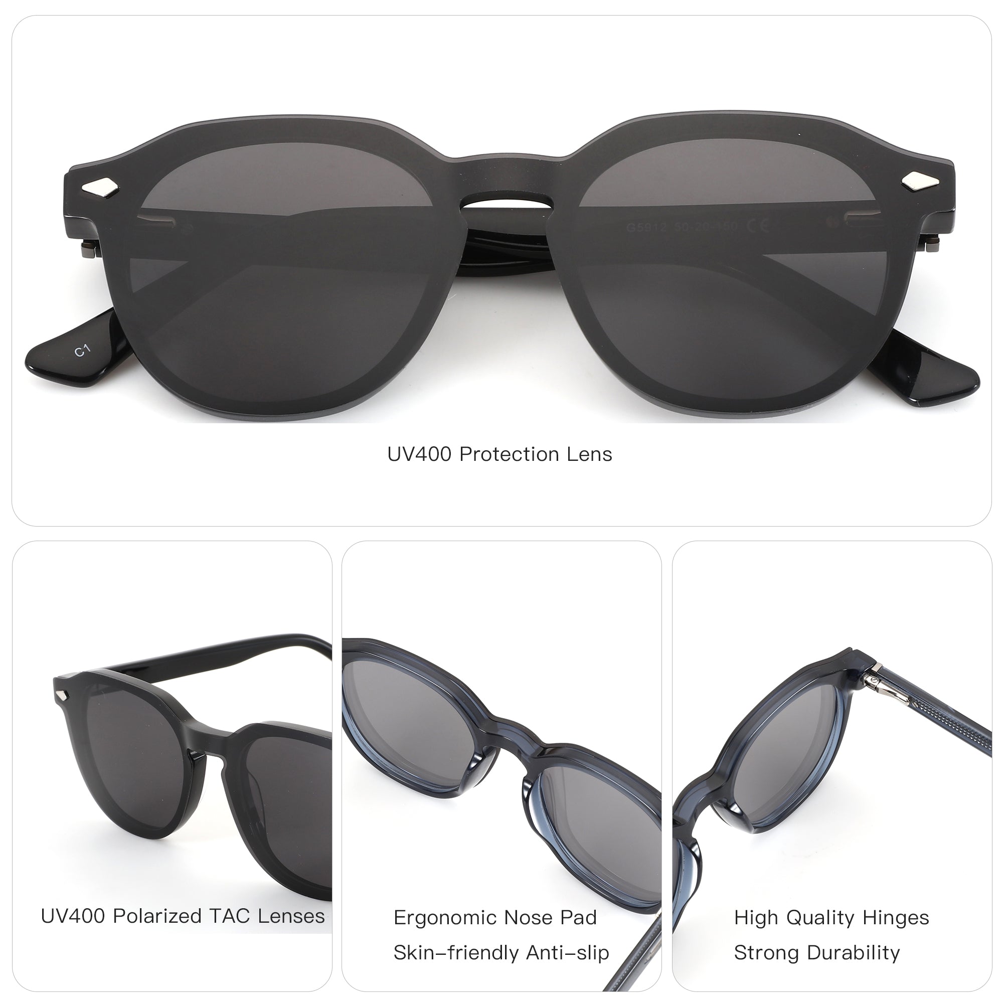 ZENOTTIC Gnomeshgh black acetate geometric sunglasses with UV400 lenses.