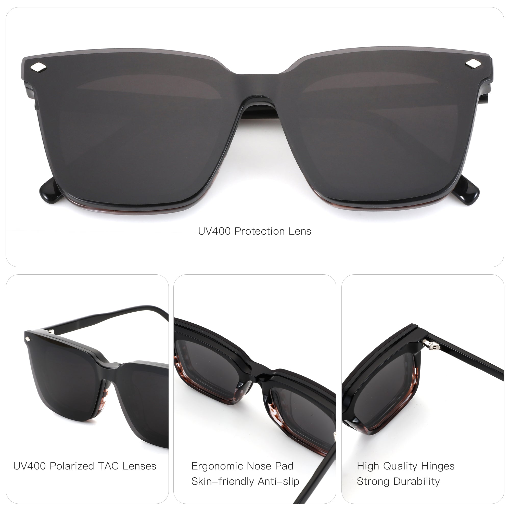 Zenottic Dave black square acetate sunglasses, UV400 lenses, diamond accents. Product details.