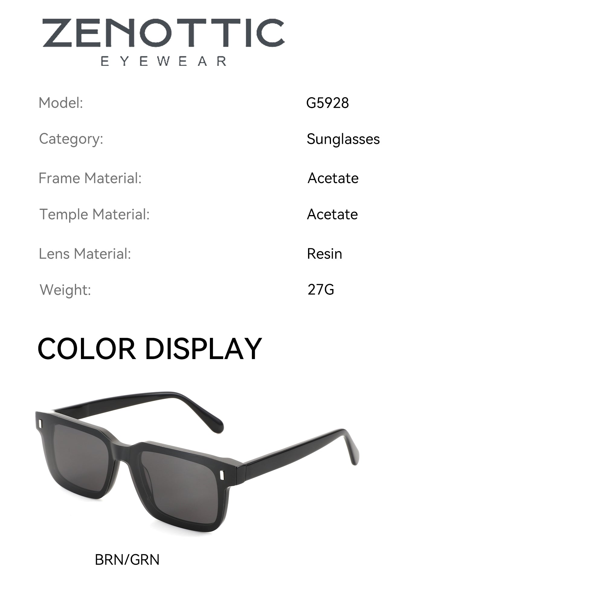 Zenottic Egbert G5928 men's black acetate square sunglasses with dark gray resin lenses, BRN/GRN colorway.
