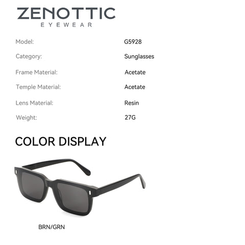 Zenottic Egbert G5928 men's black acetate square sunglasses with dark gray resin lenses, BRN/GRN colorway.