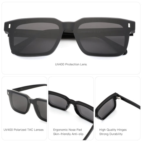 Zenottic Egbert men's black acetate square sunglasses with UV400 polarized TAC lenses and durable hinges.
