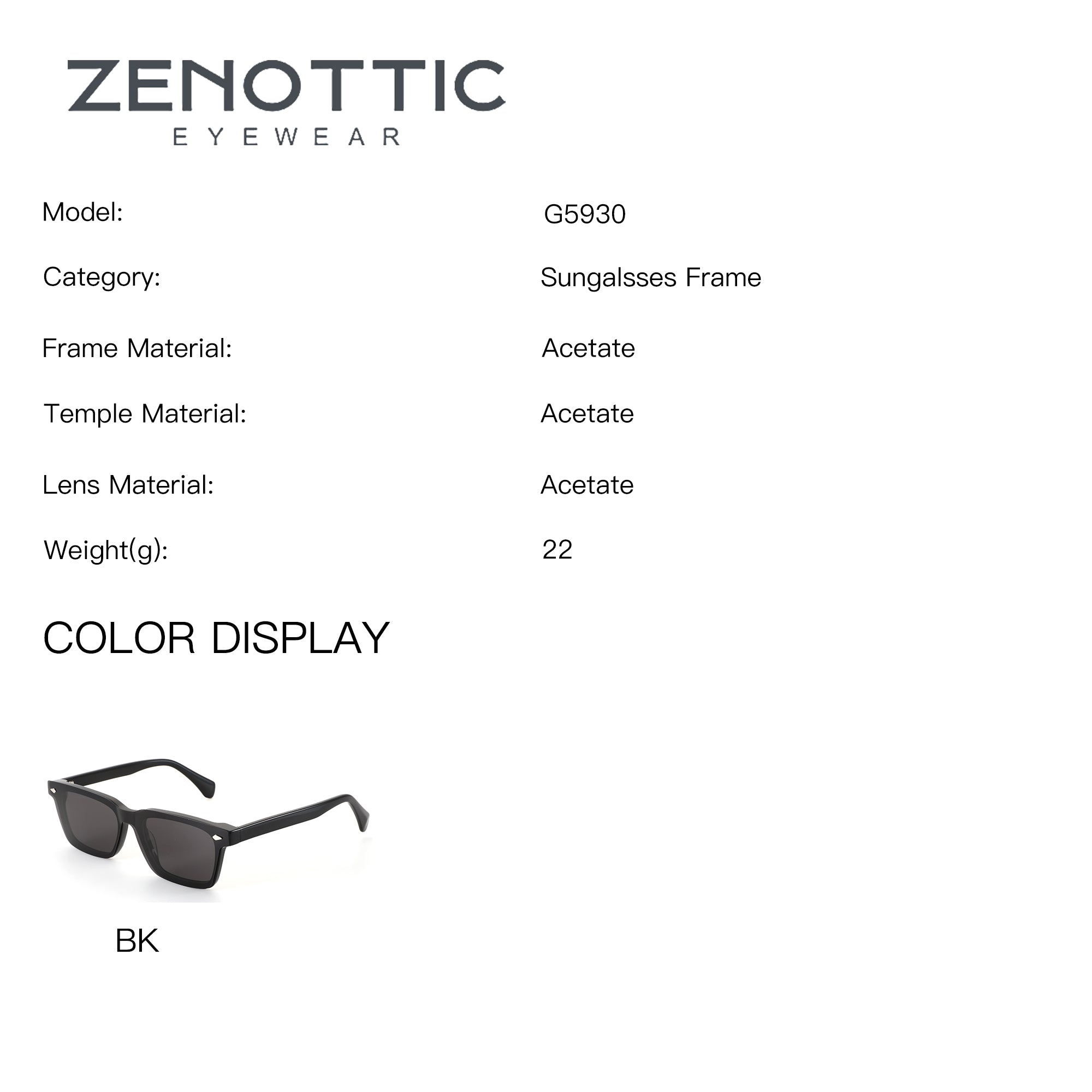 ZENOTTIC G5930 black square acetate frame sunglasses