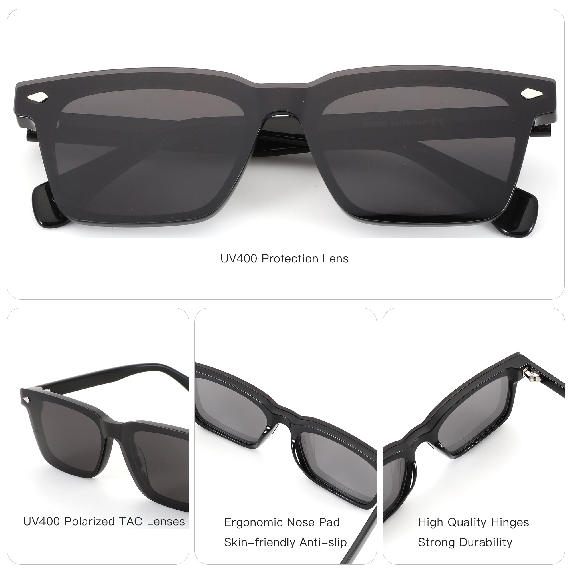 ZENOTTIC George sunglasses: black acetate square frame, UV400 protection, polarized lenses.