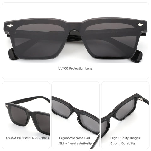 ZENOTTIC George sunglasses: black acetate square frame, UV400 protection, polarized lenses.