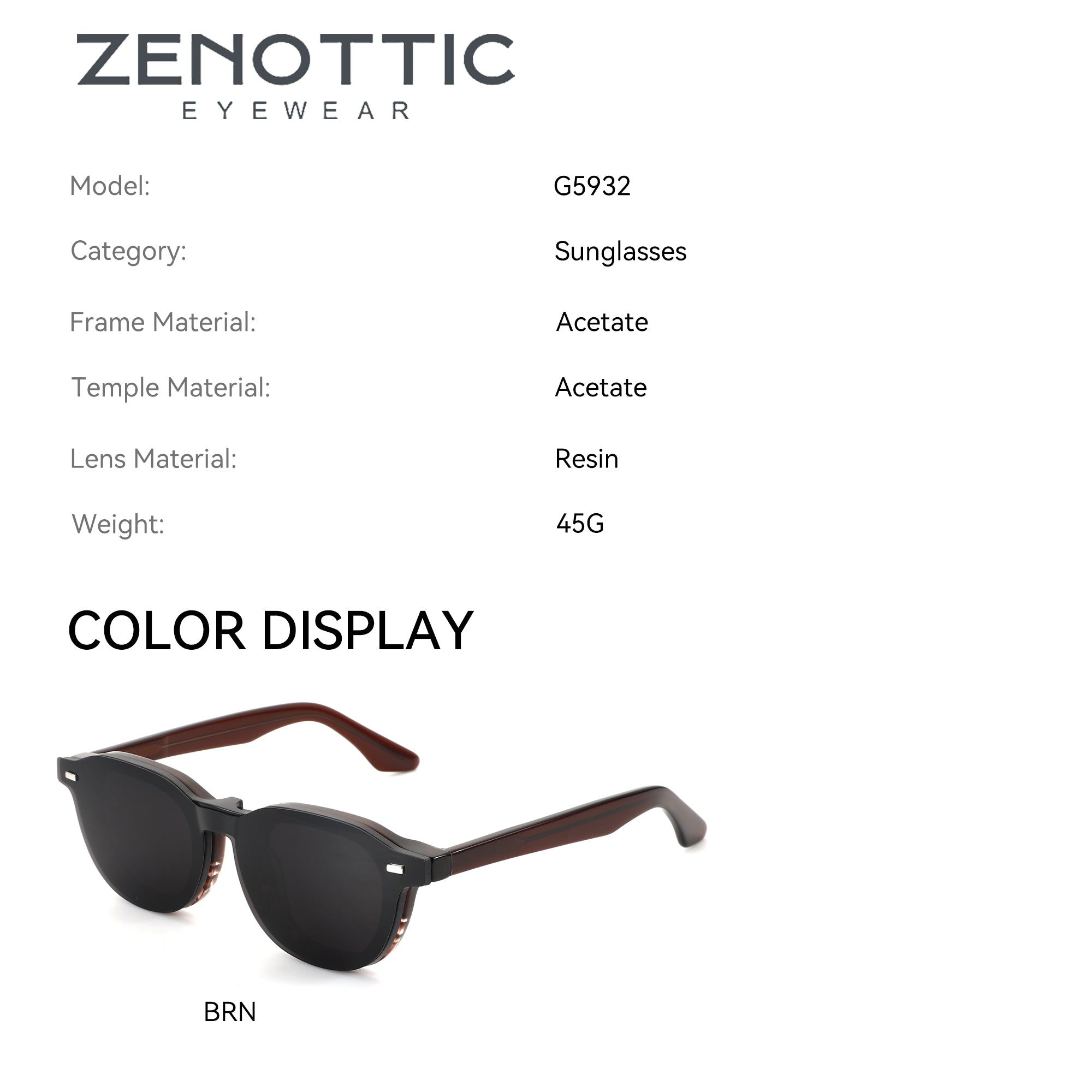 Zenottic G5932 men's sunglasses with black acetate frame and brown wood-grain temples, front view, UV400 resin lenses.