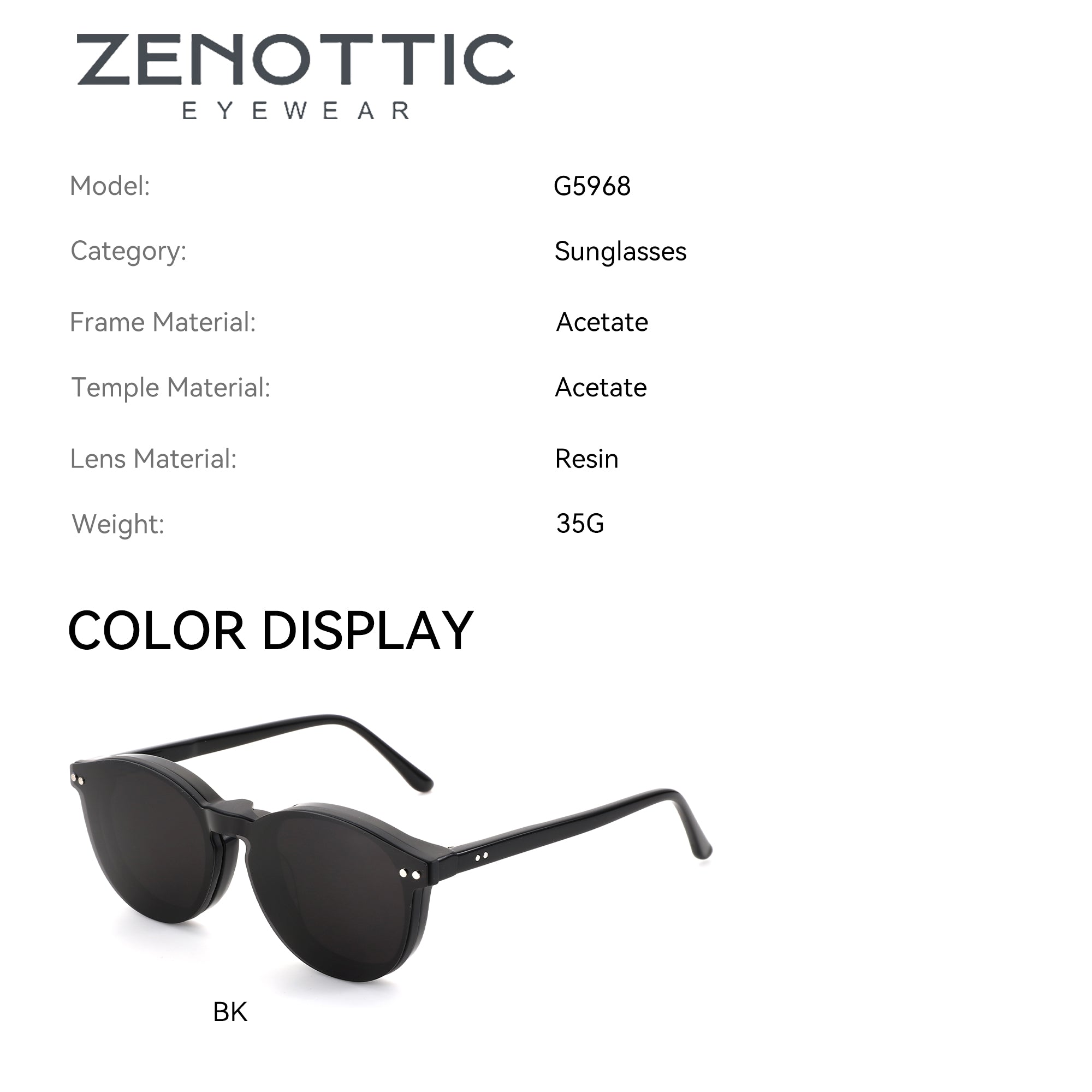Zenottic G5968 black acetate round sunglasses with resin lenses