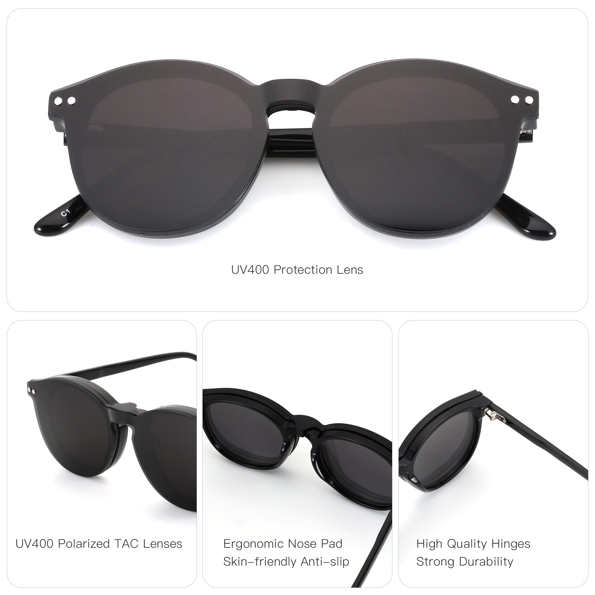 Zenottic Merry black round sunglasses with UV400 protection, polarized lenses, ergonomic nose pads, and durable hinges.