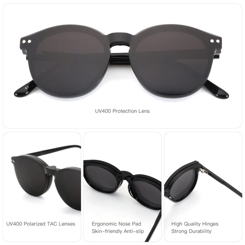 Zenottic Merry black round sunglasses with UV400 protection, polarized lenses, ergonomic nose pads, and durable hinges.