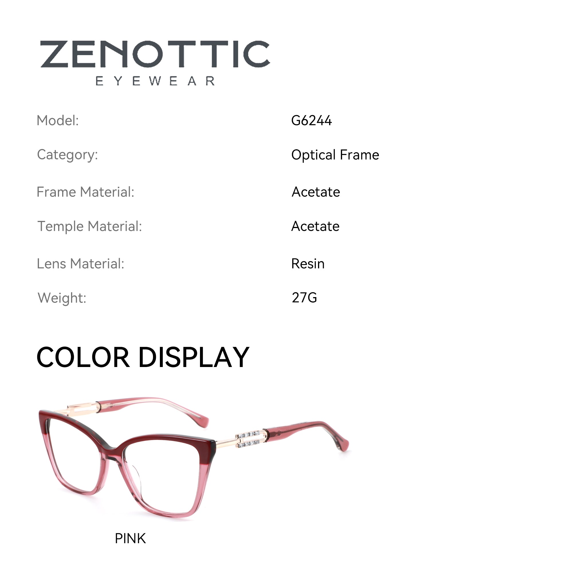 Zenottic G5532 Optical Frame eyeglasses in pink acetate, fashion eyewear, Resin lens