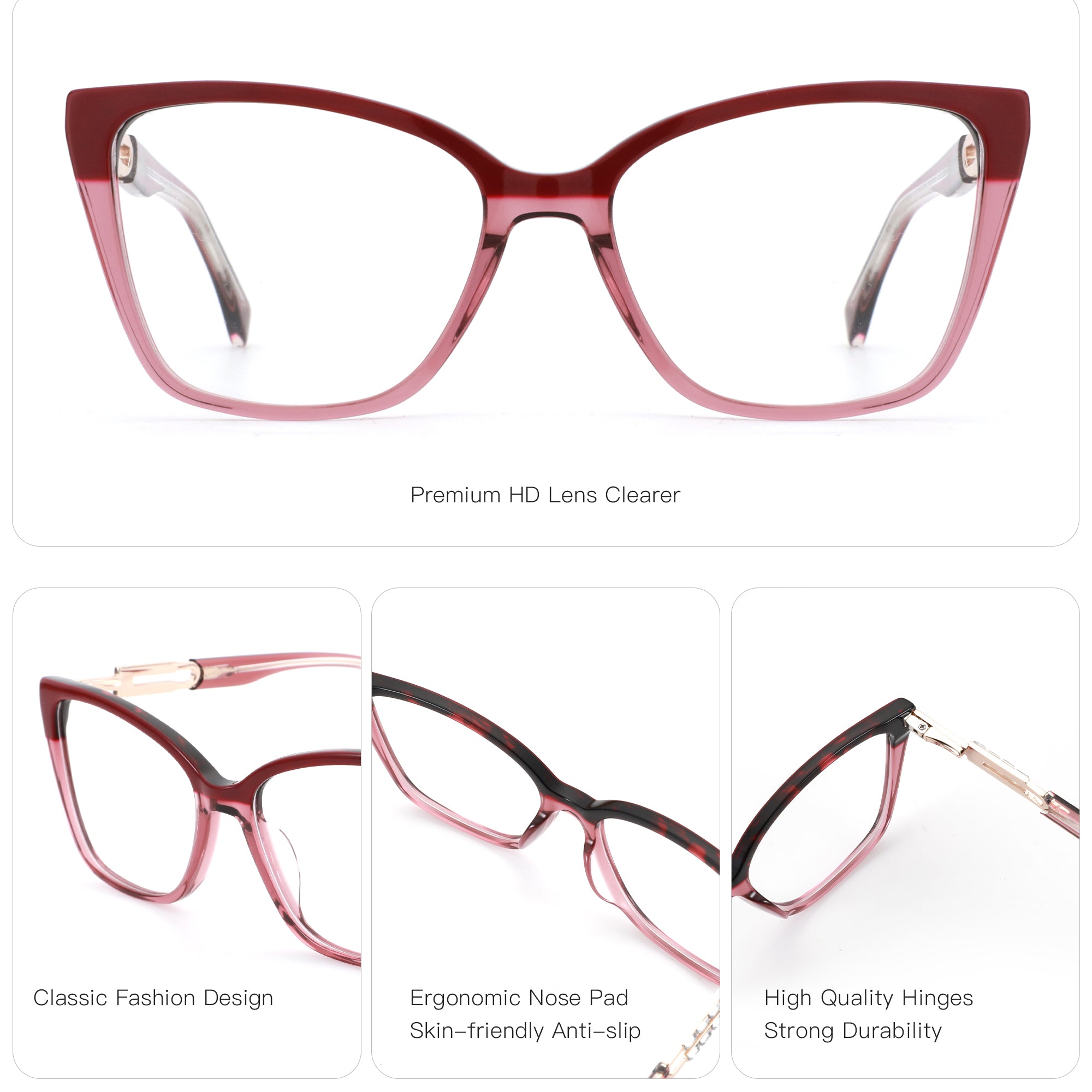 Zenottic Susanna eyeglasses in a cat-eye style, acetate frame in red and pink with Premium HD Lens Clearer
