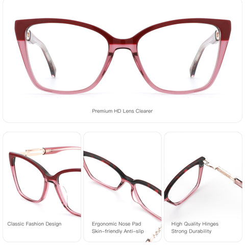 Zenottic Susanna eyeglasses in a cat-eye style, acetate frame in red and pink with Premium HD Lens Clearer