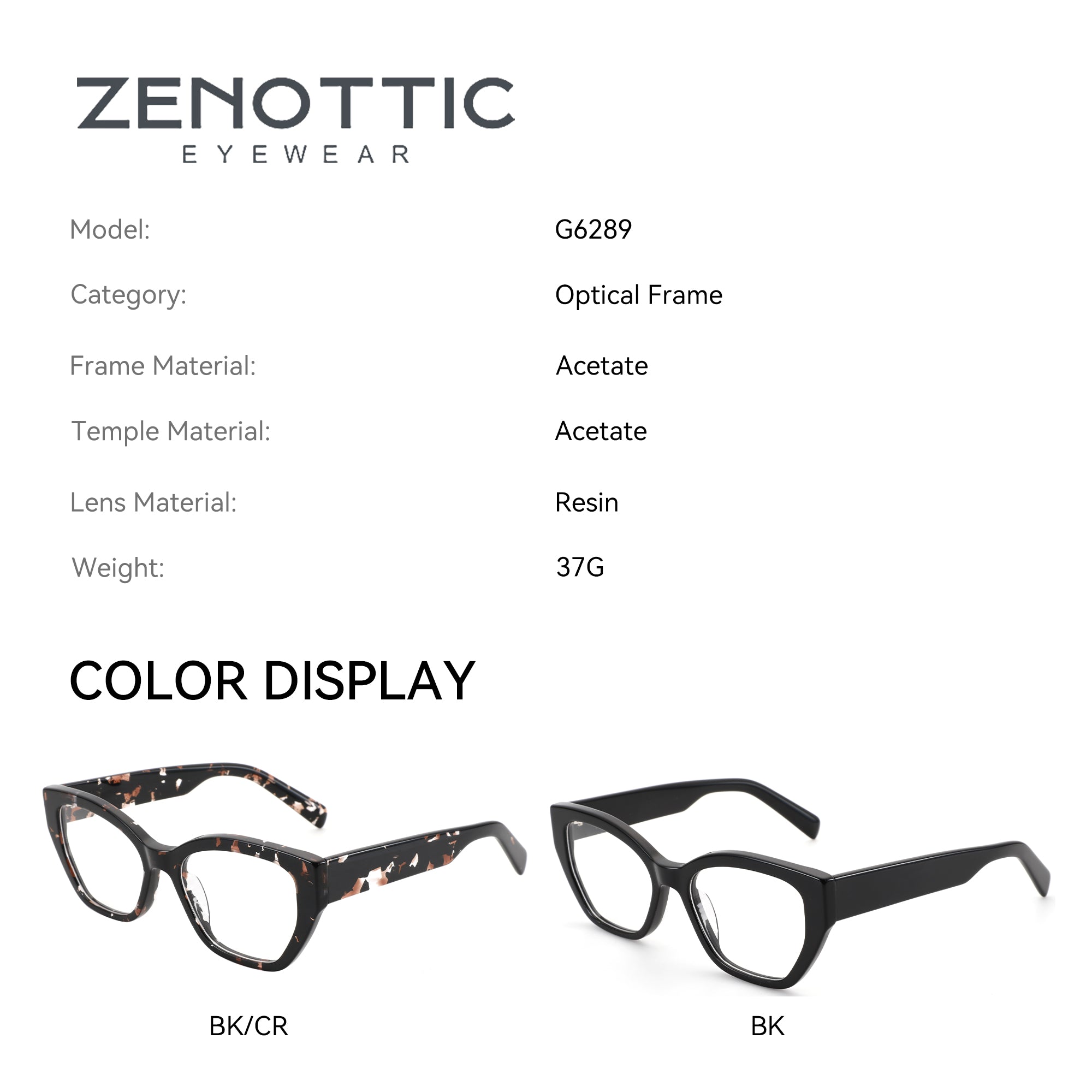 Zenottic Wanda eyeglasses, model G6289, acetate frame in BK/CR and BK color options, resin lens.