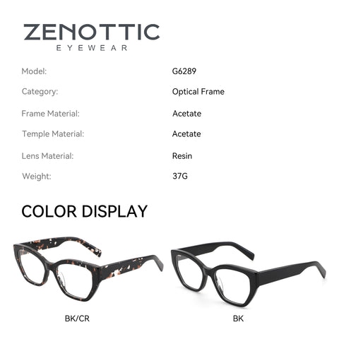 Zenottic Wanda eyeglasses, model G6289, acetate frame in BK/CR and BK color options, resin lens.