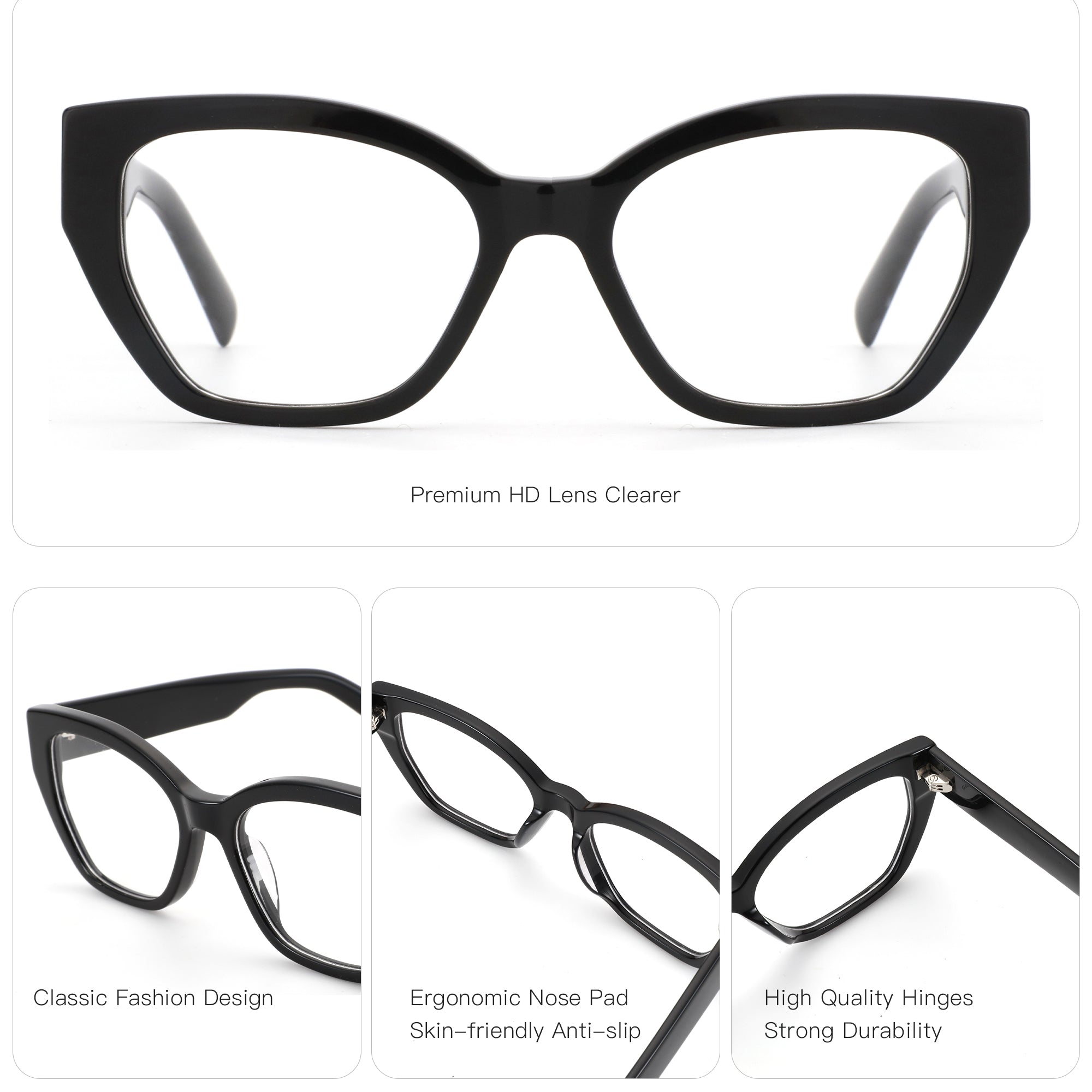 Zenottic Wanda eyeglasses, black acetate frame, square shape, with 'G6289 53 18-145' mark and Premium HD Lens Clearer.