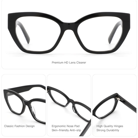 Zenottic Wanda eyeglasses, black acetate frame, square shape, with 'G6289 53 18-145' mark and Premium HD Lens Clearer.