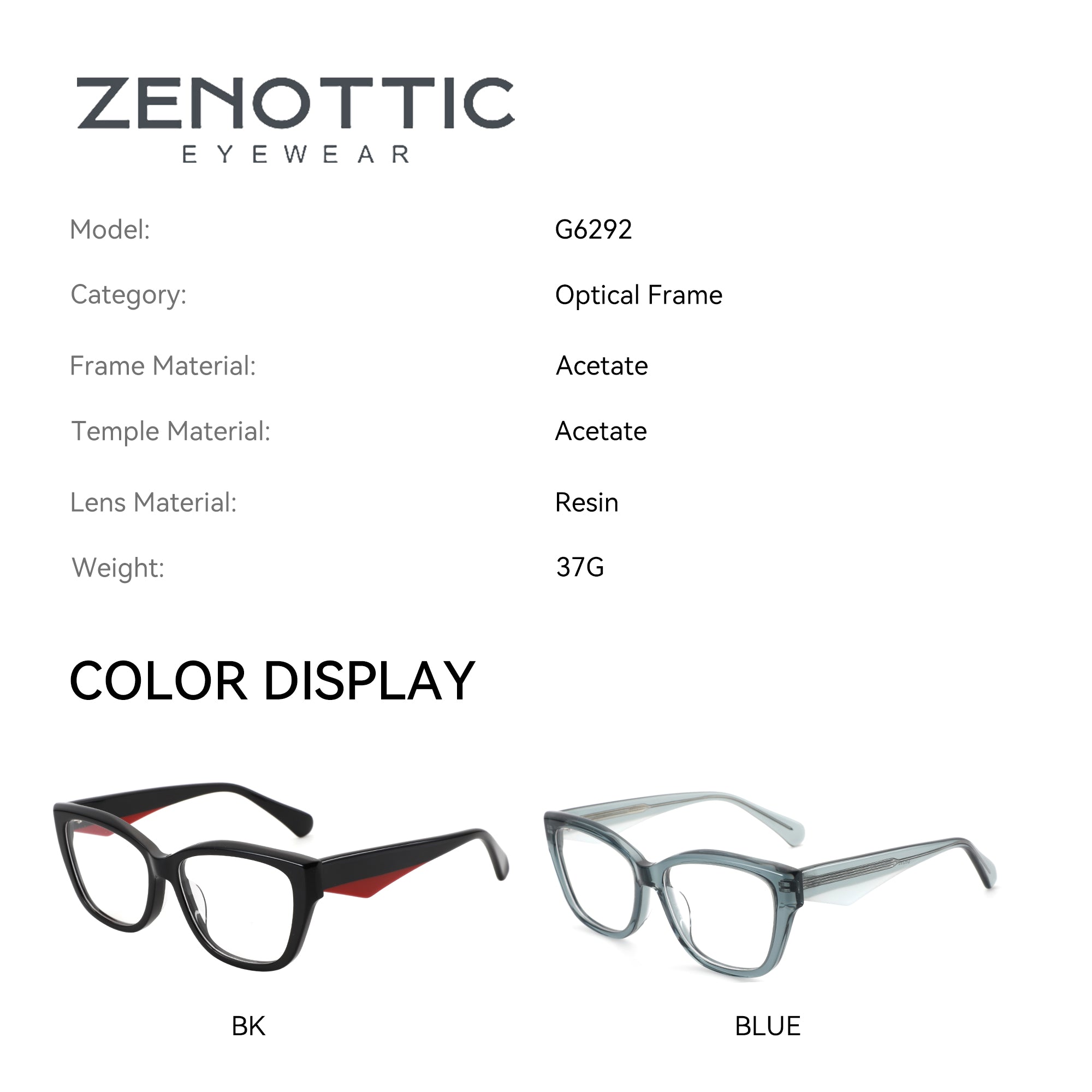 Zenottic G6292 eyeglasses: acetate frames in black and blue, prescription eyewear, resin lenses