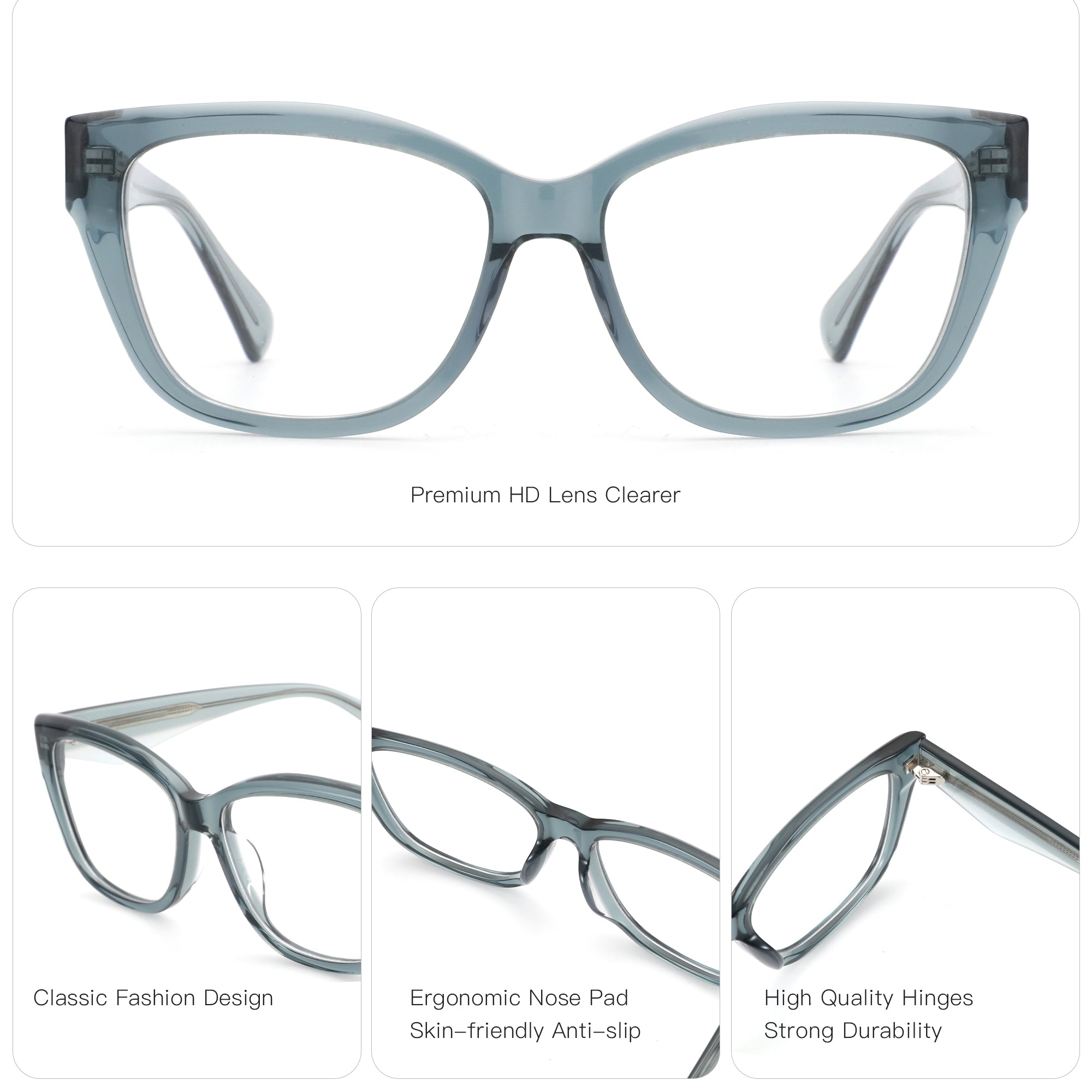 Zenottic G6292 eyeglasses, light blue acetate frame, 54mm lens width, ergonomic nose pad, clear lenses, prescription eyewear