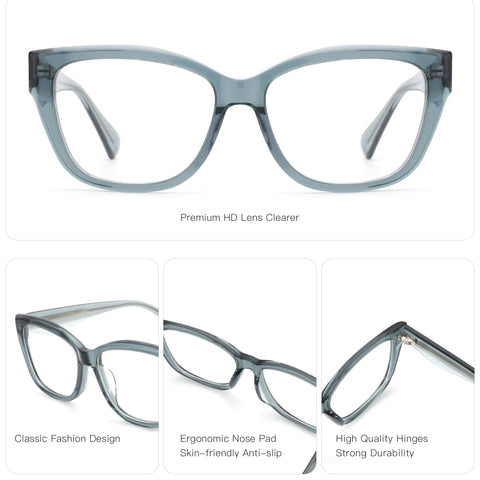 Zenottic G6292 eyeglasses, light blue acetate frame, 54mm lens width, ergonomic nose pad, clear lenses, prescription eyewear