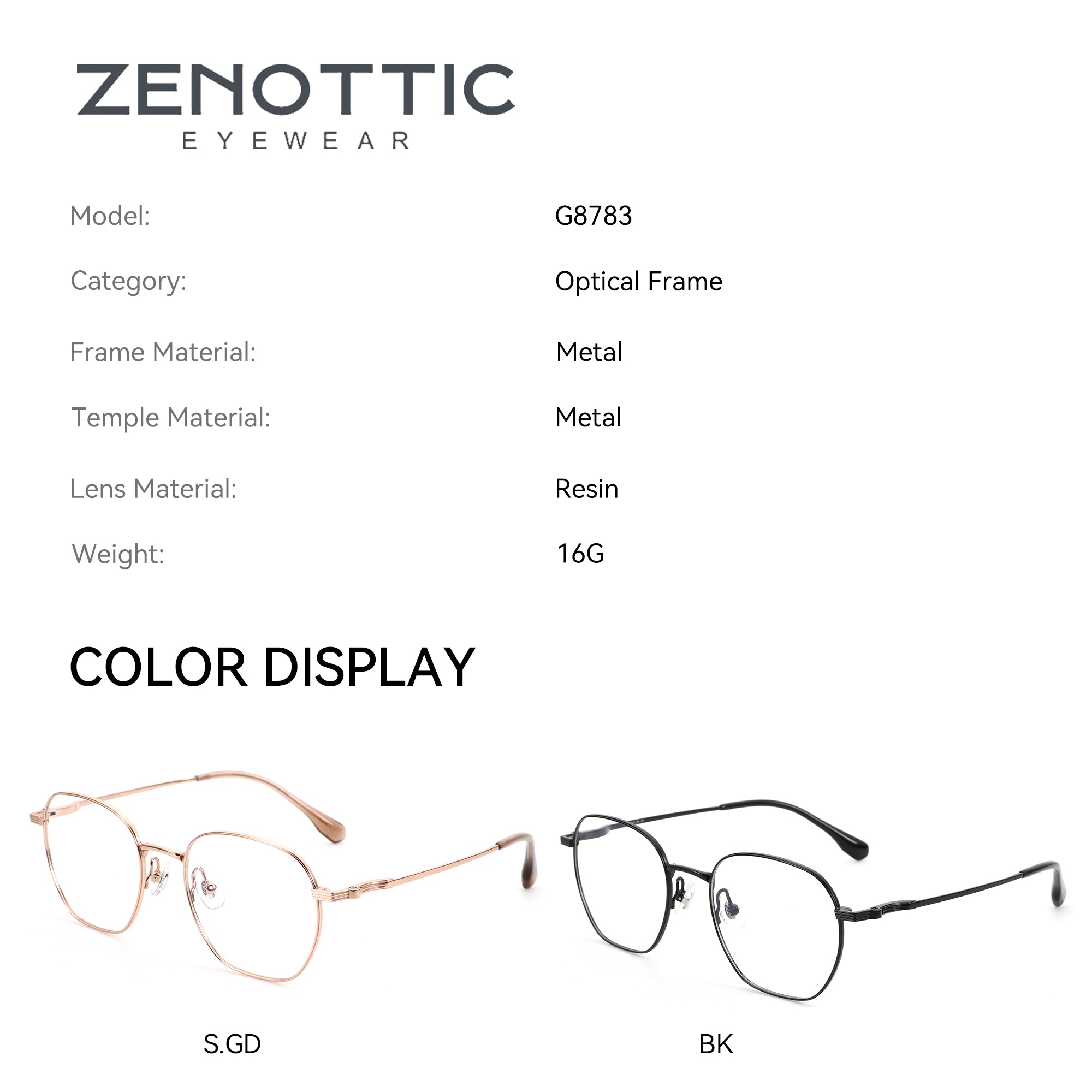 Zenottic Duke eyeglasses, metal frame, resin lenses, available in rose gold and black, model G8783