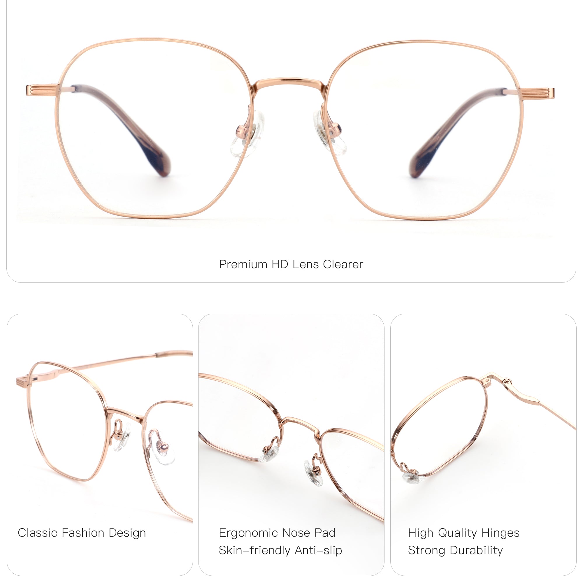 Rose gold titanium Zenottic Duke eyeglasses, square frame, clear lenses. Features "Titanium" on frame.