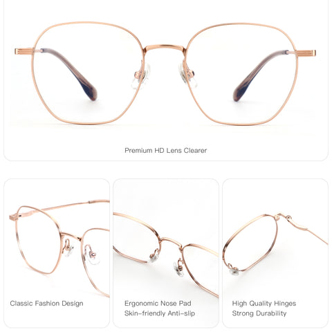 Rose gold titanium Zenottic Duke eyeglasses, square frame, clear lenses. Features "Titanium" on frame.