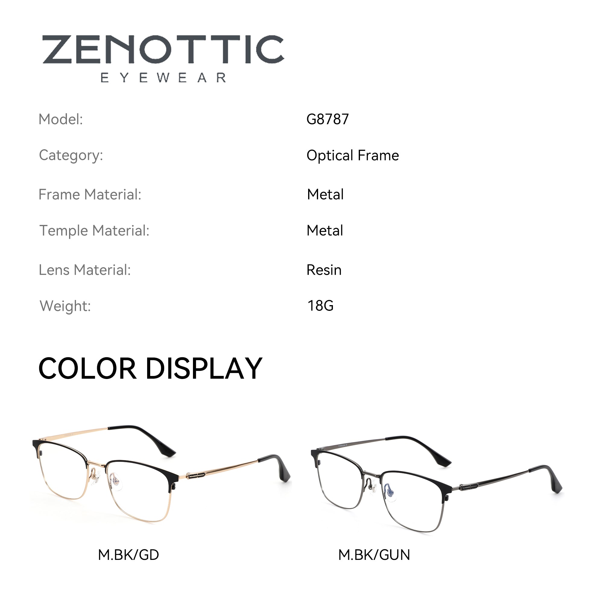 Zenottic Eyeglasses G8787 - Metal Optical Frame with color display