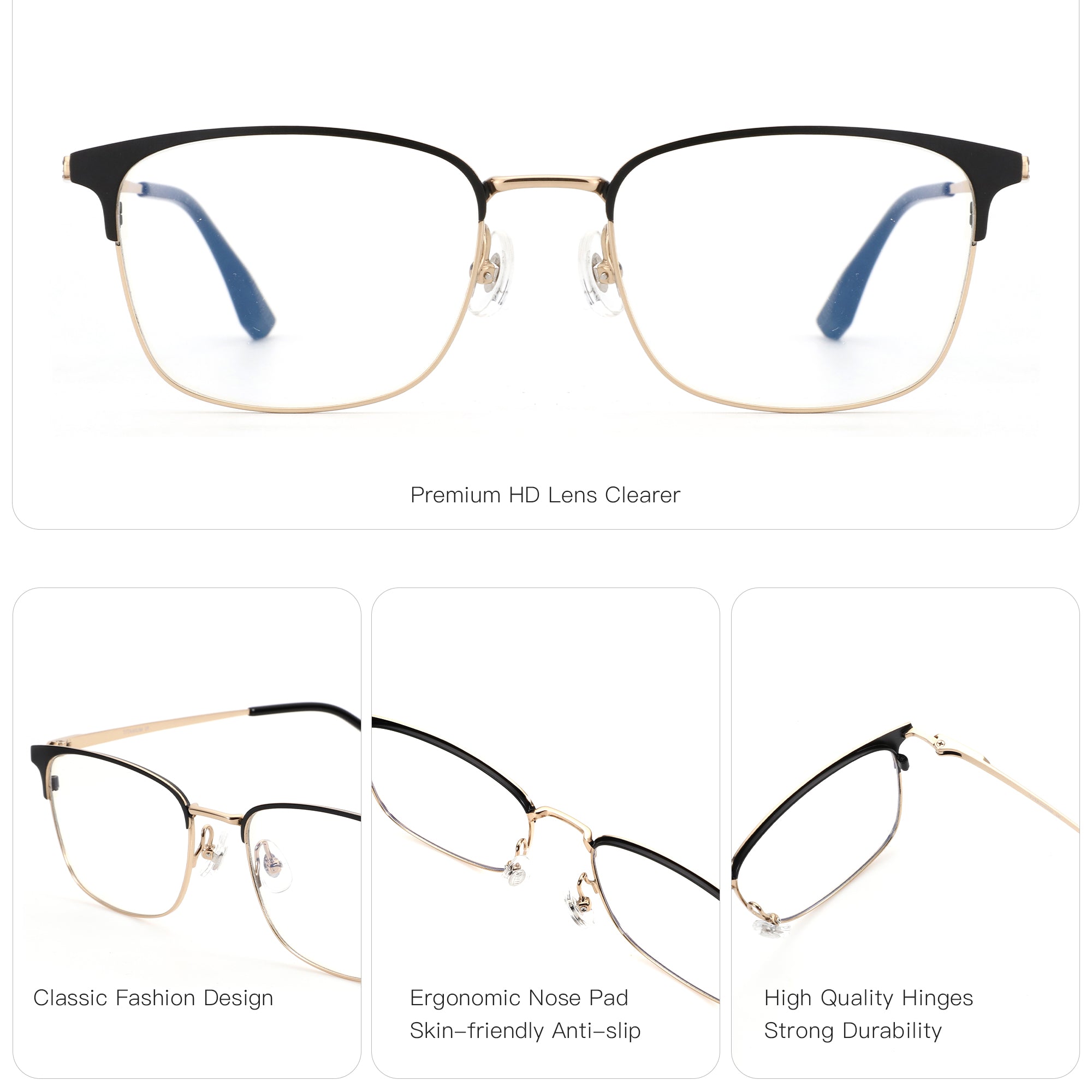 Zenottic Chasel Eyeglasses: Black and Gold Titanium Square Frame, Clear Lenses, Durable Design