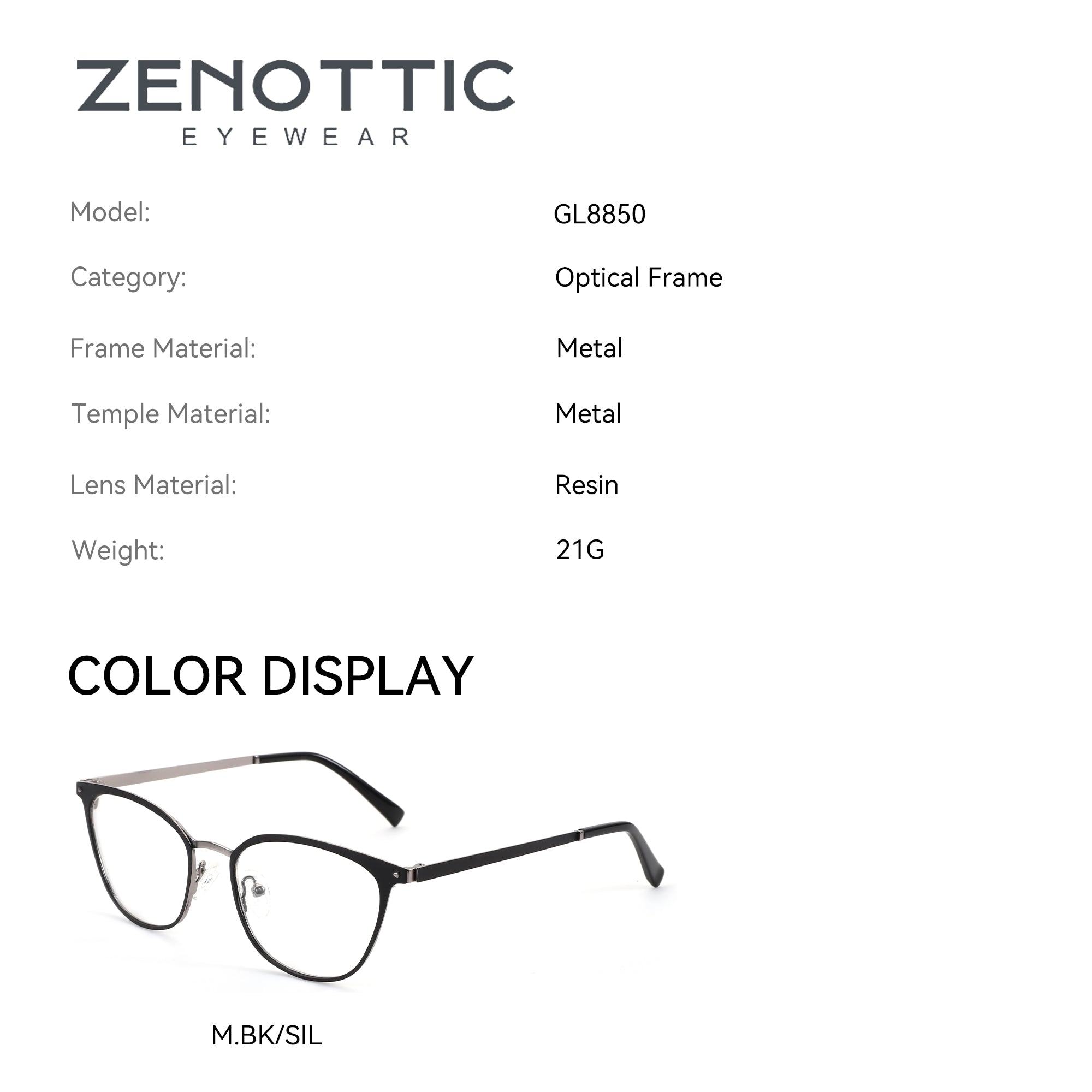 Zenottic Maya optical eyeglasses in black and silver metal frame. Model GL8850.