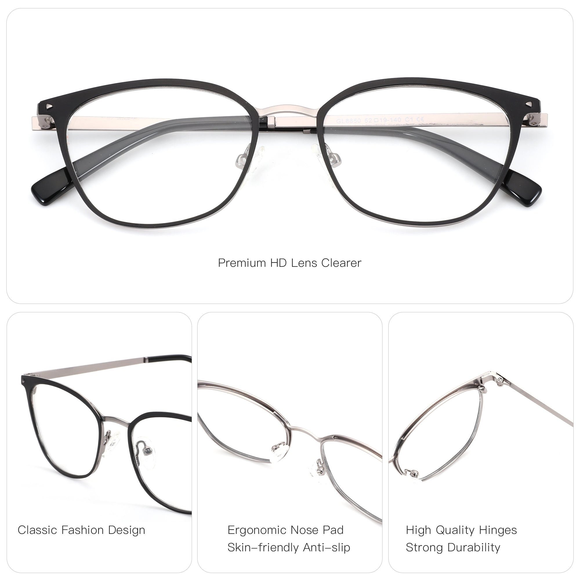 Zenottic Maya black & silver eyeglasses with clear lenses. Features: classic design, ergonomic nose pads, durable hinges.