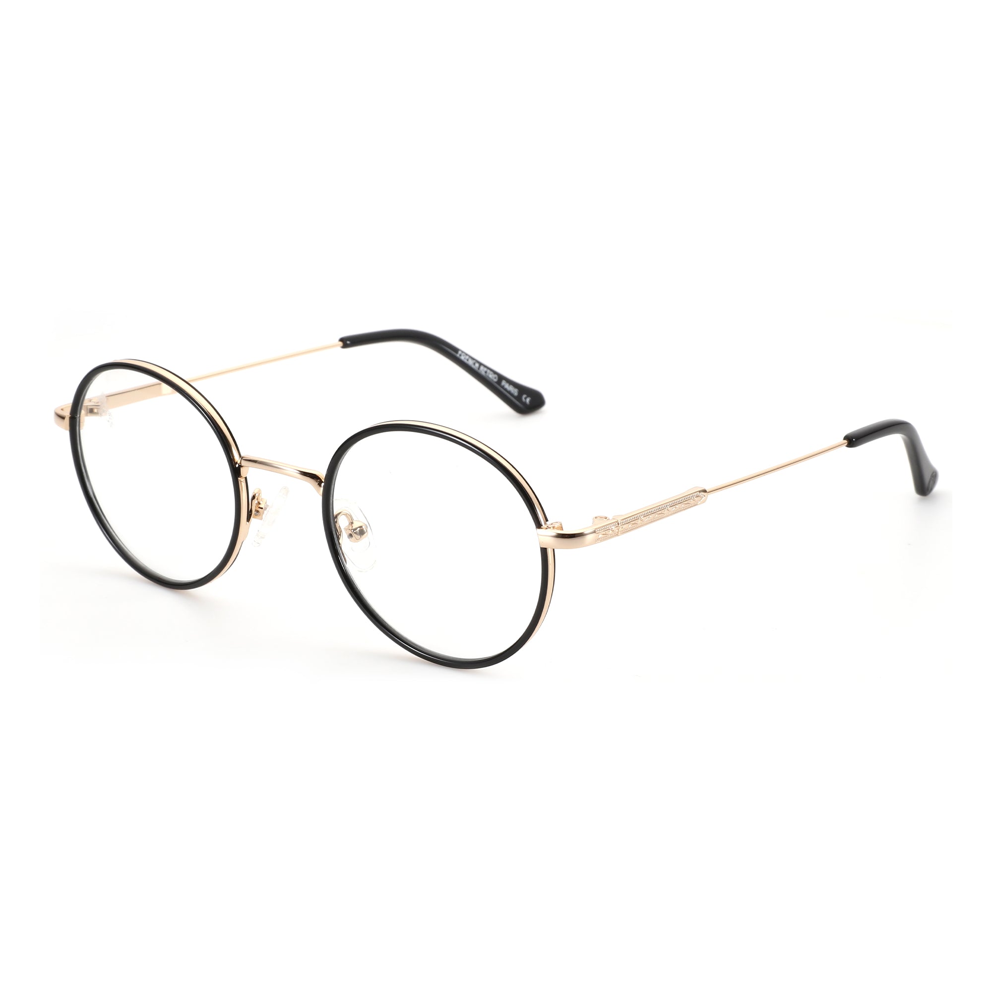 French Retro round eyeglasses with black and gold metal frames