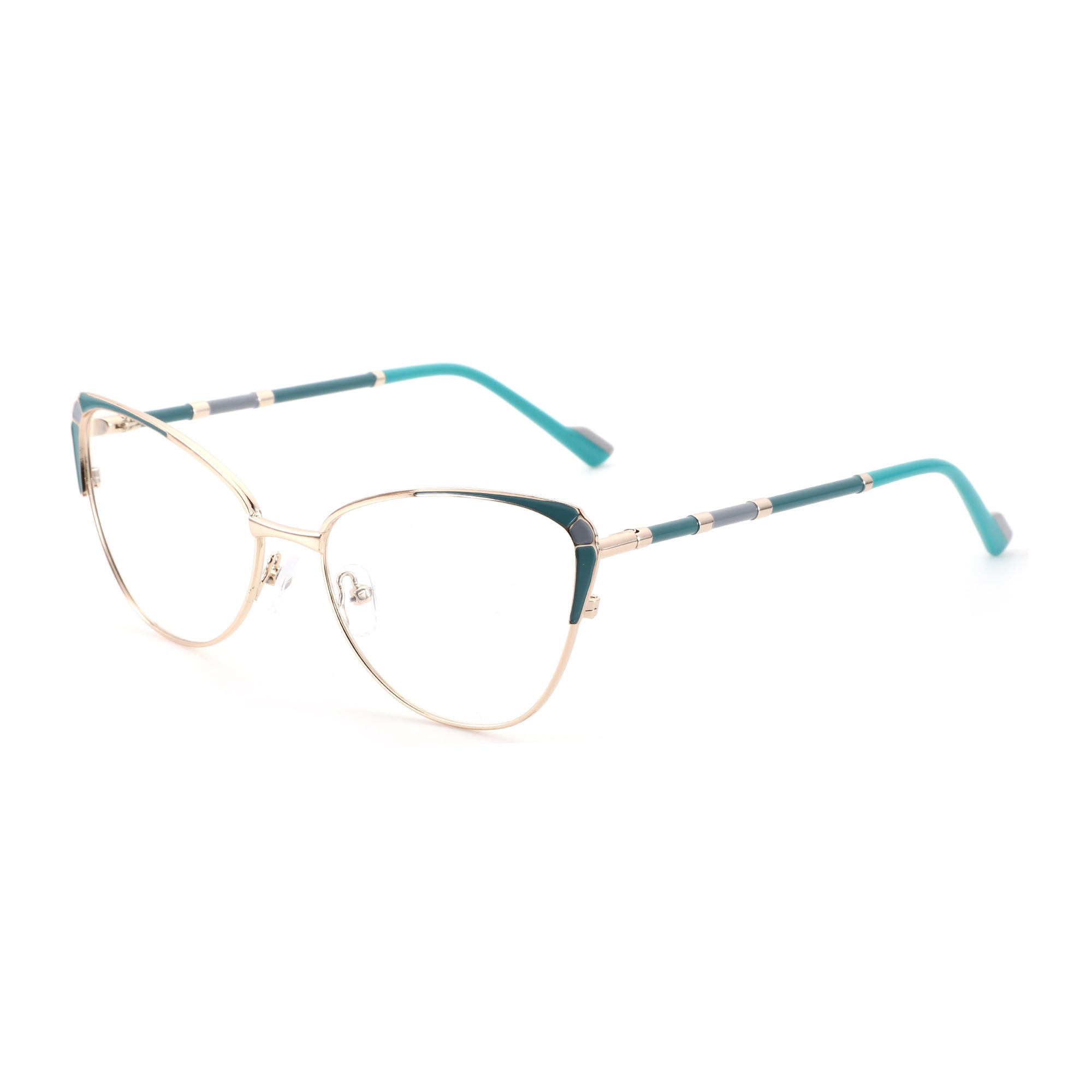 Zenottic Susan cat-eye eyeglasses with gold metal frame, green and gray accents