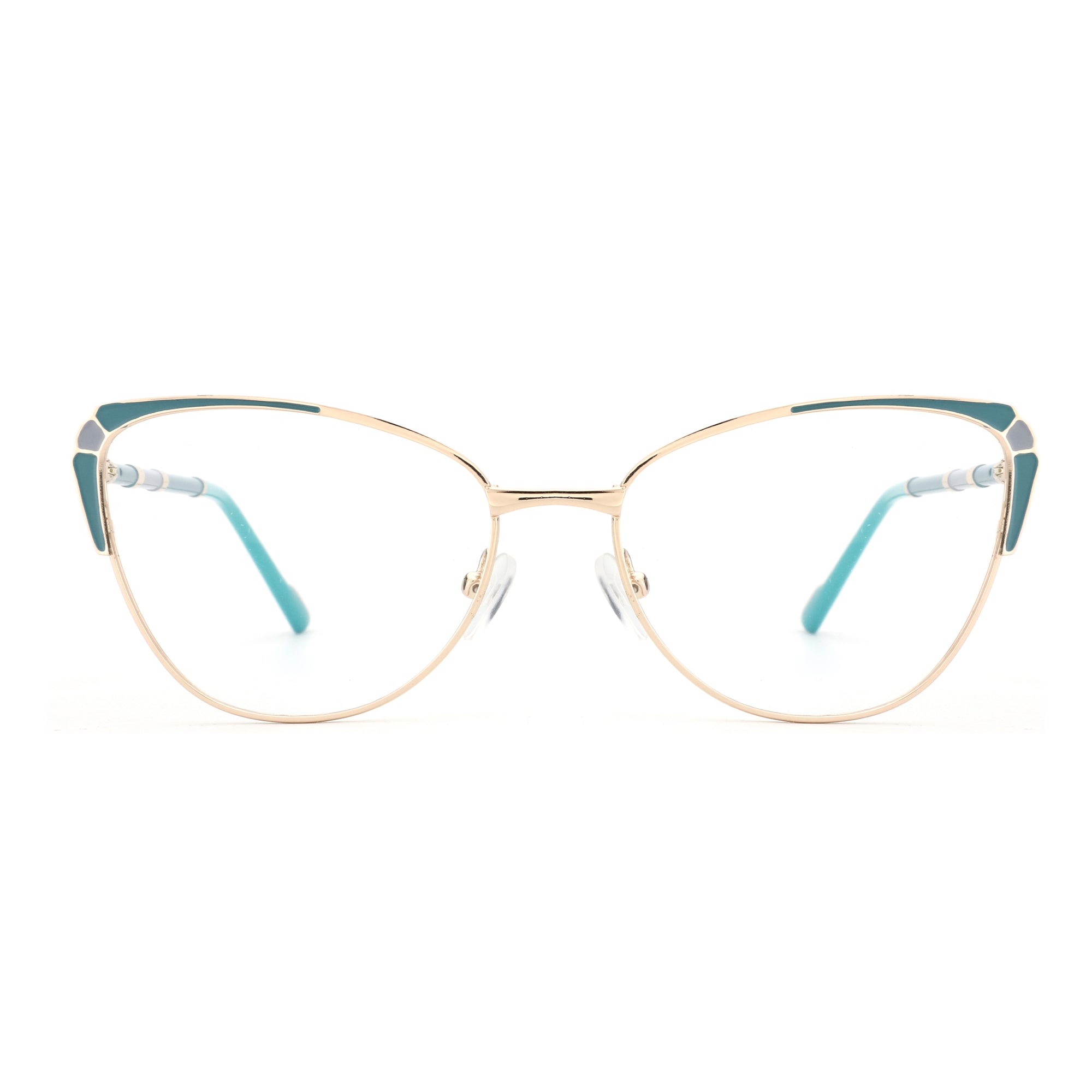 Zenottic Susan cat-eye eyeglasses with gold metal frame and turquoise accents. FRHD606 54 16-140