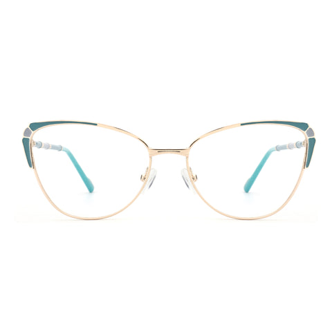 Zenottic Susan cat-eye eyeglasses with gold metal frame and turquoise accents. FRHD606 54 16-140