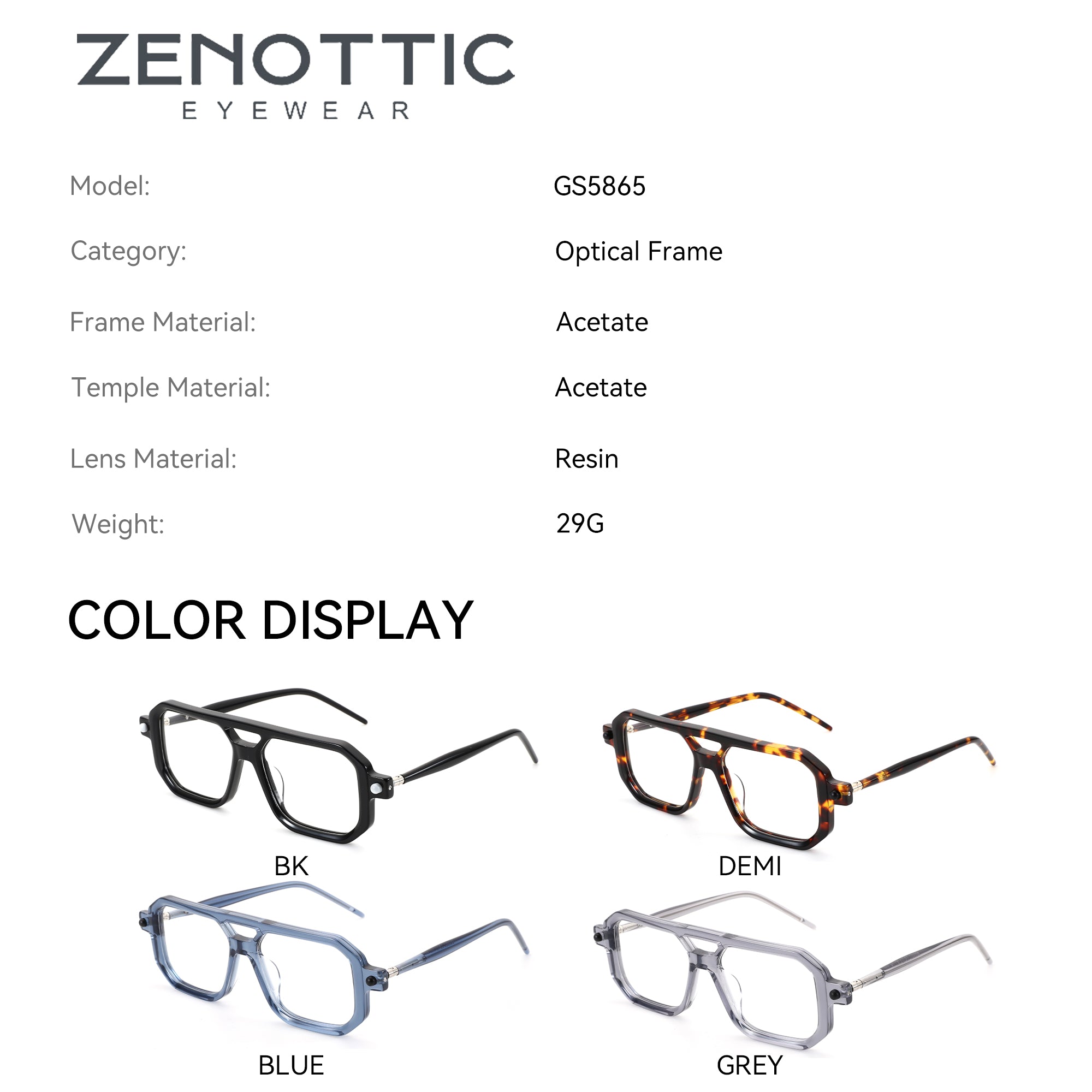 Zenottic Eyeglasses Reed: Acetate aviator optical frames in black, demi, blue, and grey with resin lenses. Model GS5865.