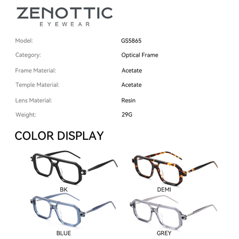 Zenottic Eyeglasses Reed: Acetate aviator optical frames in black, demi, blue, and grey with resin lenses. Model GS5865.