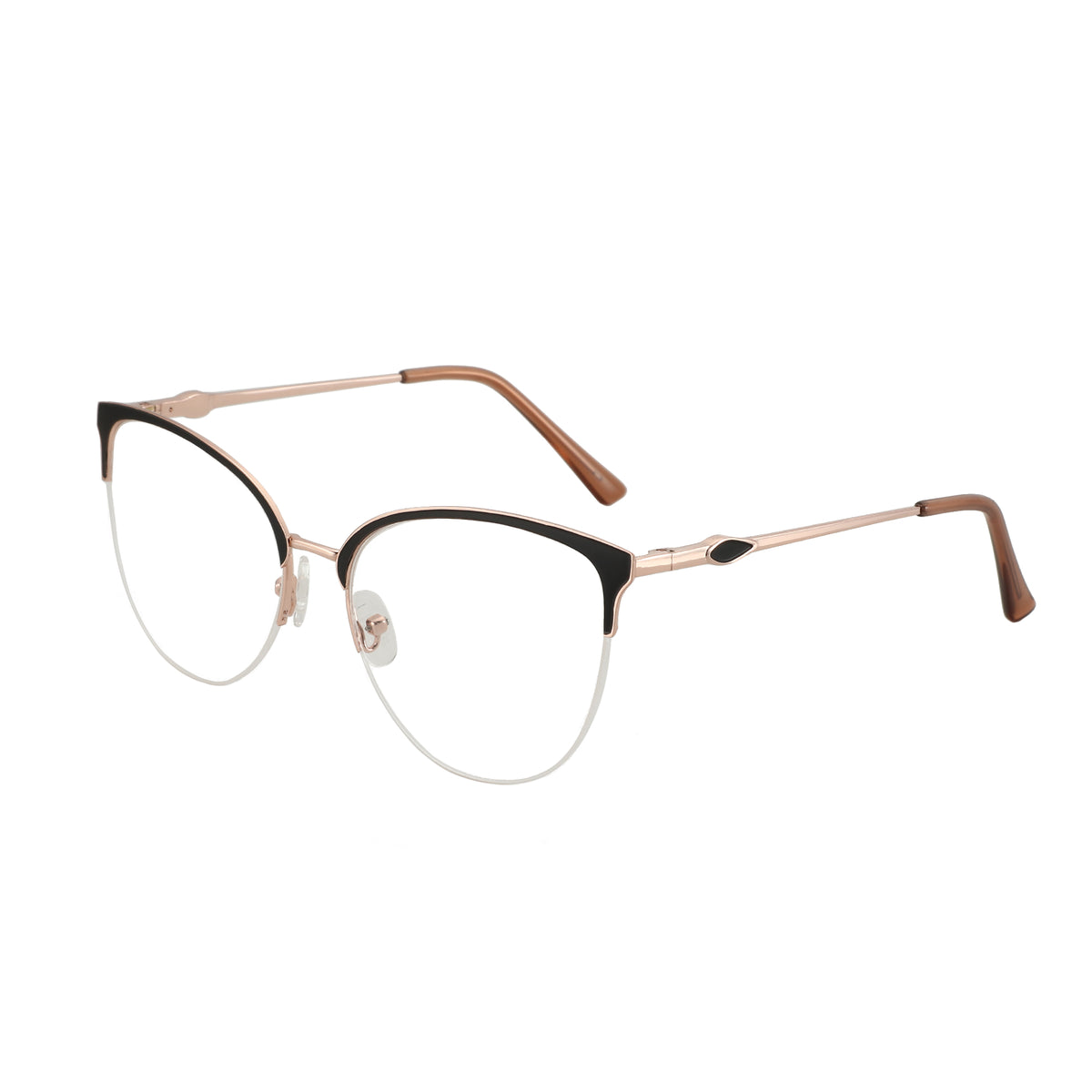 Zenottic Annie eyeglasses with gold metal frame, black rim, and clear lenses. Ladies eyeglass frames
