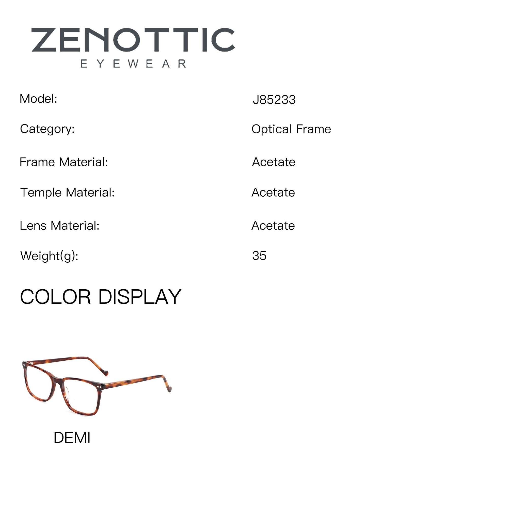 ZENOTTIC Clarence J85233 eyeglasses, demi acetate tortoiseshell square frame.