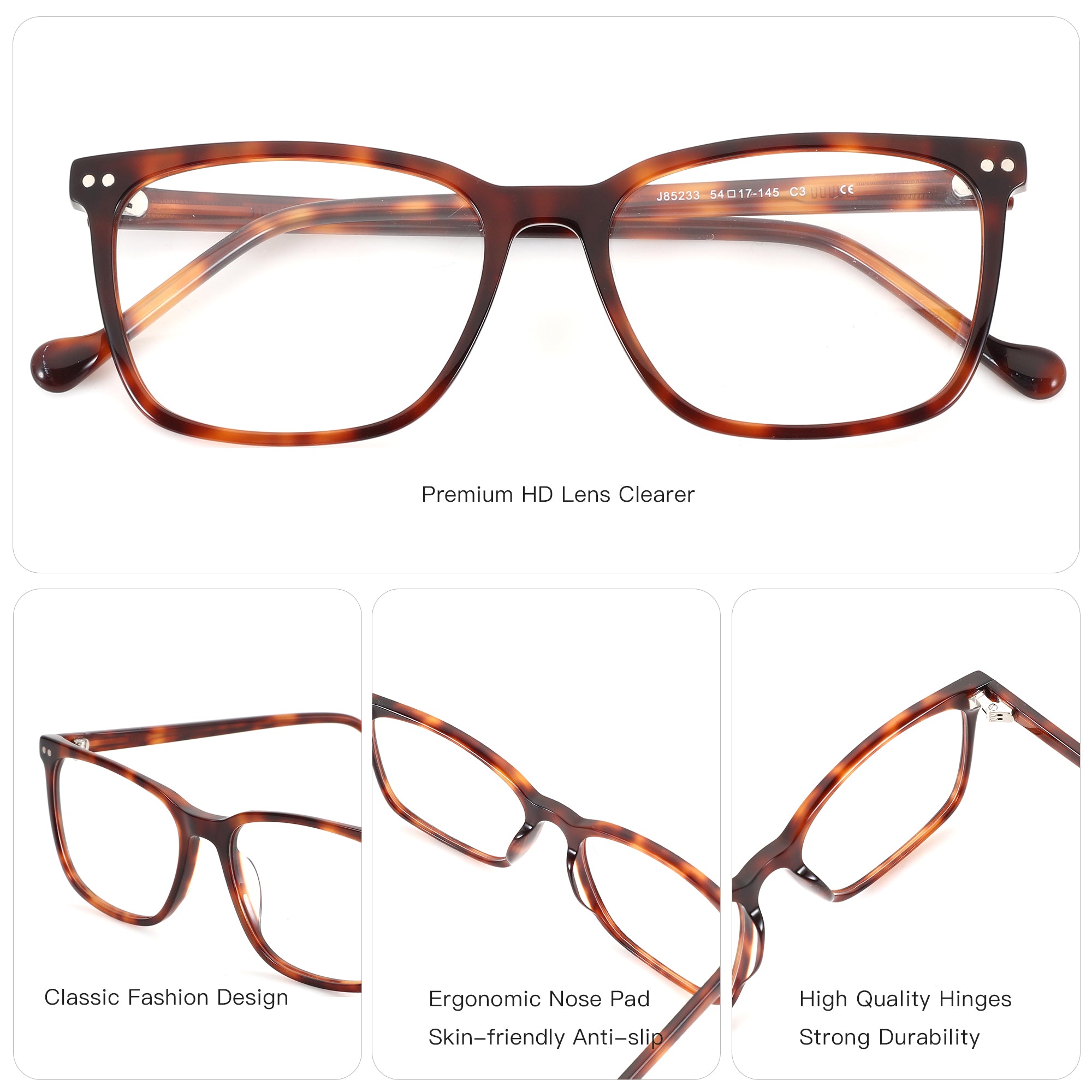 ZENOTTIC Clarence eyeglasses: Classic tortoiseshell acetate square frame, model J85233 (54-17-145).