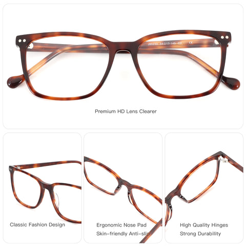 ZENOTTIC Clarence eyeglasses: Classic tortoiseshell acetate square frame, model J85233 (54-17-145).