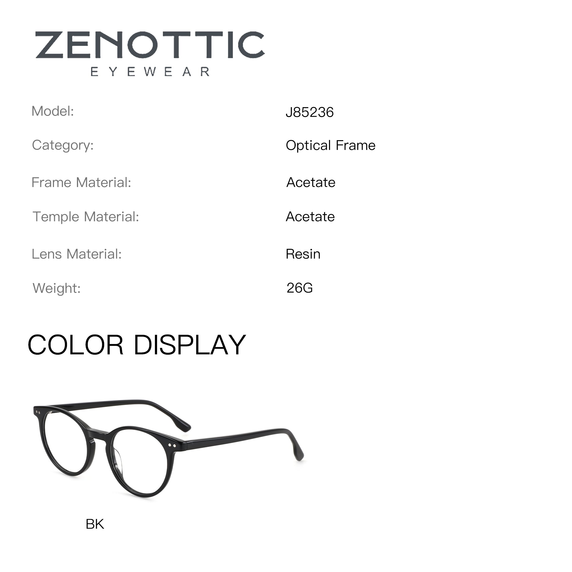 Zenottic Sobremesa black acetate round eyeglasses, model J85236.