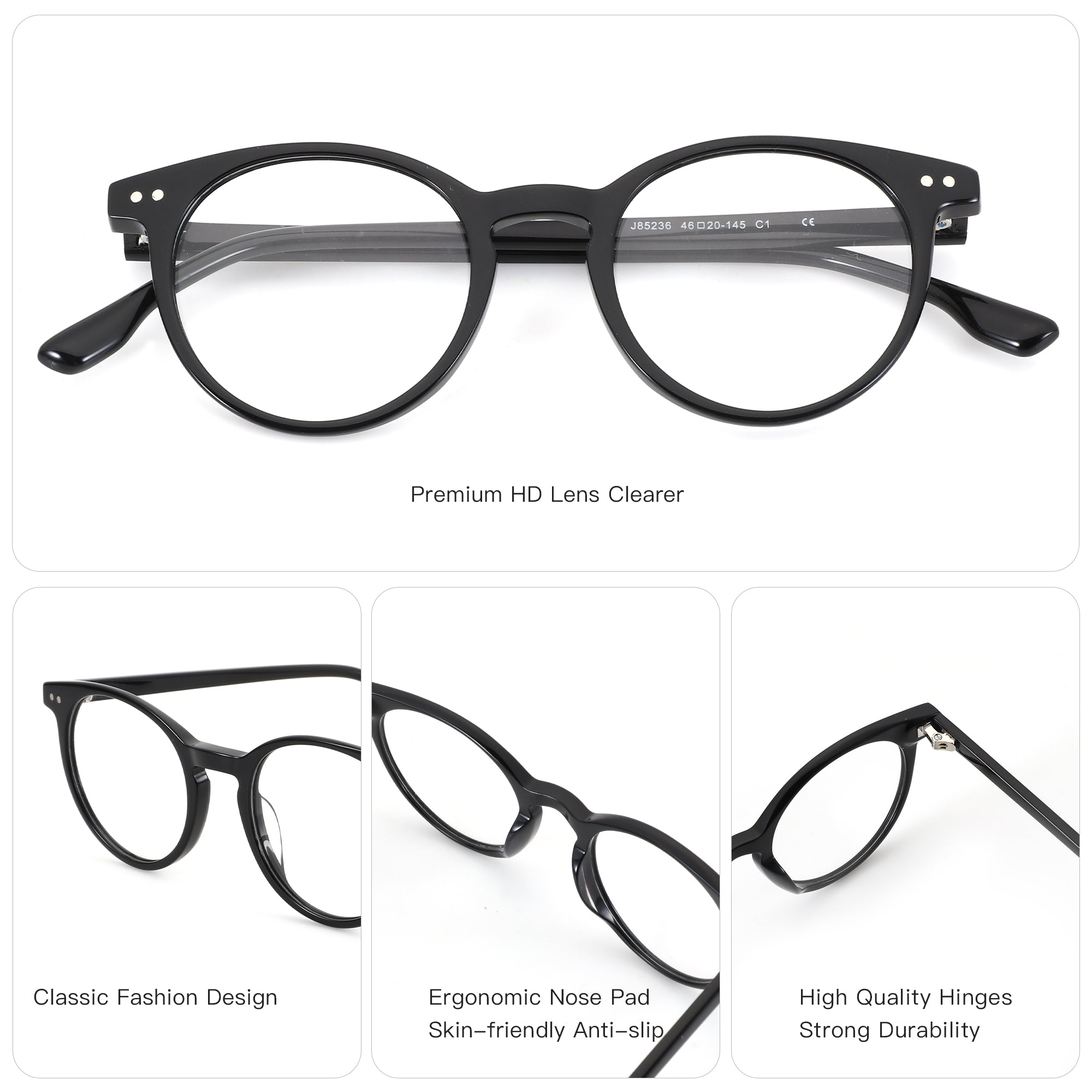 Zenottic Sobremesa black round acetate eyeglasses, 46mm lens, 20mm bridge, with demo lenses.