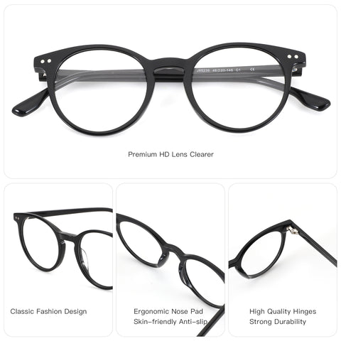 Zenottic Sobremesa black round acetate eyeglasses, 46mm lens, 20mm bridge, with demo lenses.
