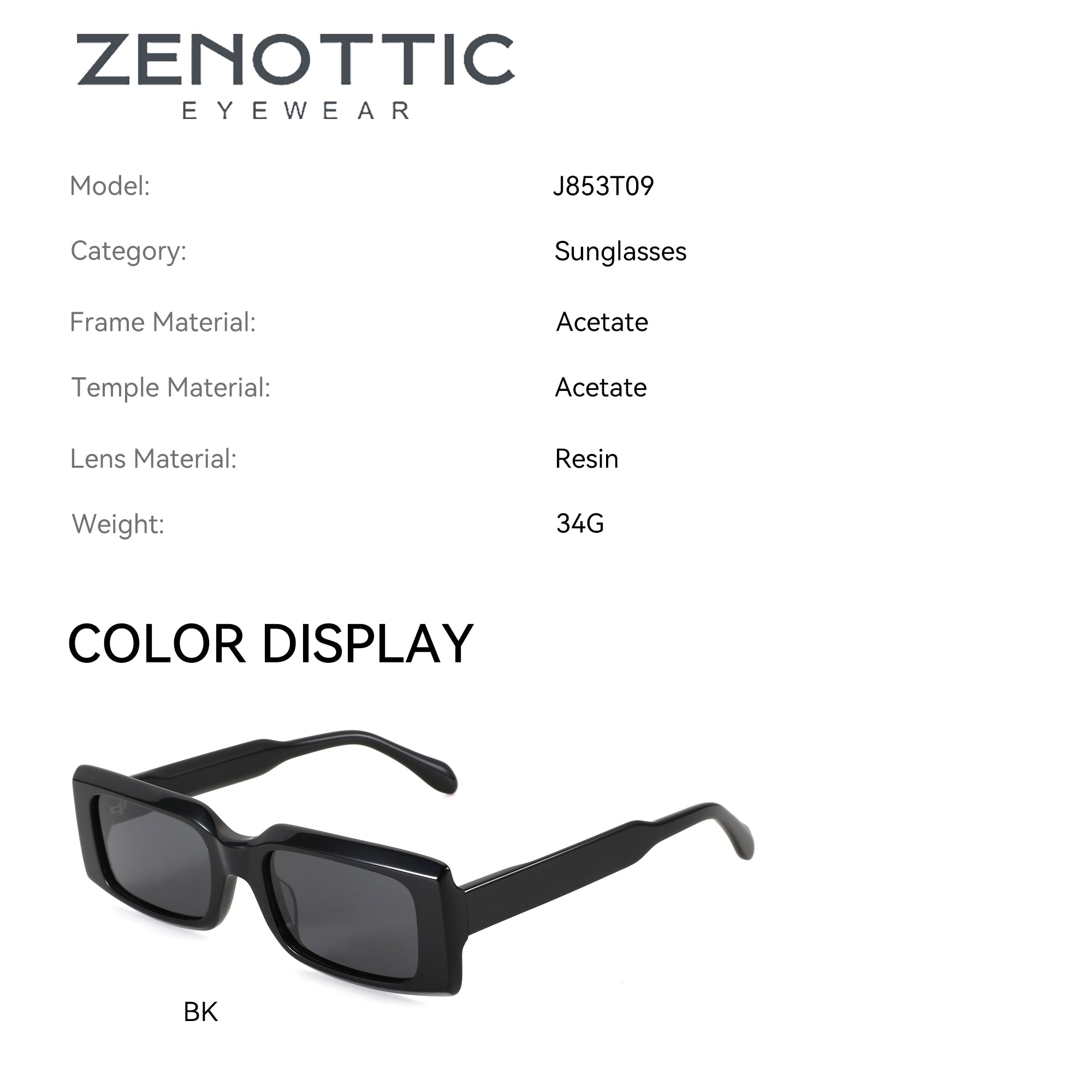 Zenottic Sheila black acetate sunglasses with resin lenses. Model J853T09.