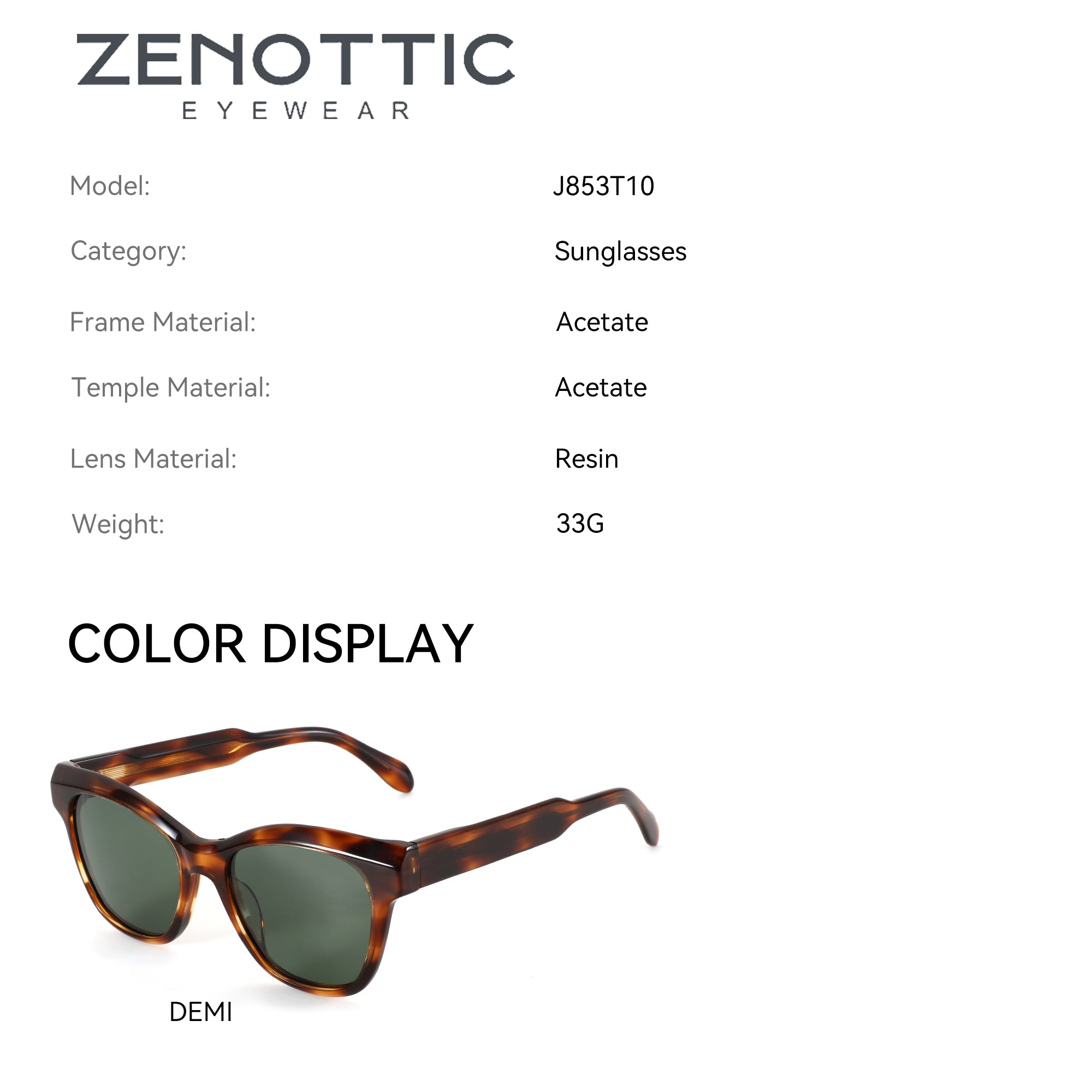 Zenottic "Polly" model sunglasses in DEMI tortoiseshell acetate, featuring green resin lenses.