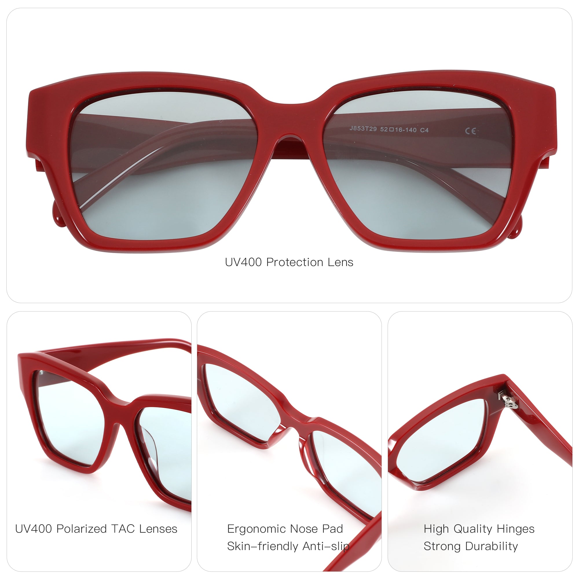 Red Zenottic Marigold women's square sunglasses with UV400 polarized TAC lenses and high-quality hinges.
